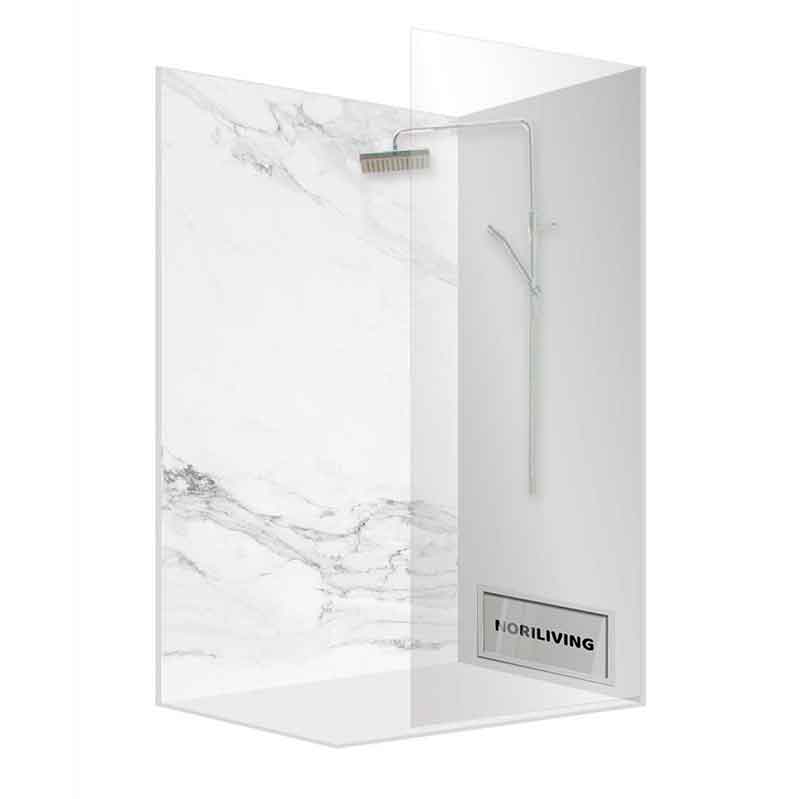 Elegante Duschkabine mit Marmorverkleidung und Glaswänden in minimalistischem Design von Noriliving