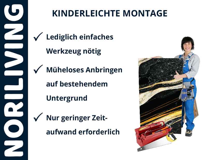 Anleitung zur kinderleichten Montage mit NORILIVING-Produkt; Person zeigt Werkzeuge, Tafel mit Tipps zur Montage