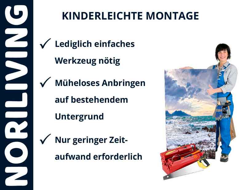 NORILIVING - Kinderleichte Montage ohne Aufwand Montage-Set von NORILIVING mit Hinweisen zur einfachen Installation: nur einfaches Werkzeug nötig, müheloses Anbringen, geringer Zeitaufwand. Person mit Bild und Werkzeug.