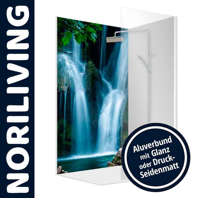 Duschwand mit Wasserfallmotiv, Alu-Verbund, verfügbar in Glanz oder Druck-Seidenmatt, von Noriliving