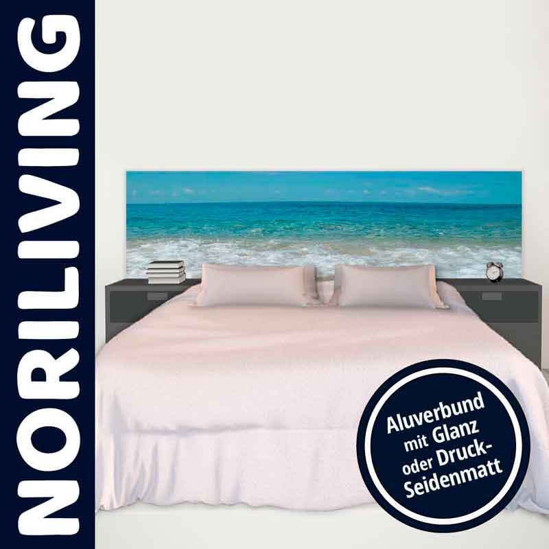 Doppelbett mit Meeresmotiv-Kopfteil und Nachttischen, NORILIVING.