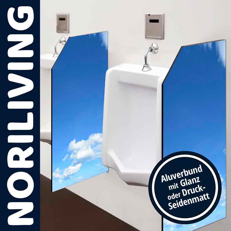Noriliving Urinal mit blauen Trennwänden aus Aluverbund, Himmelmotiv