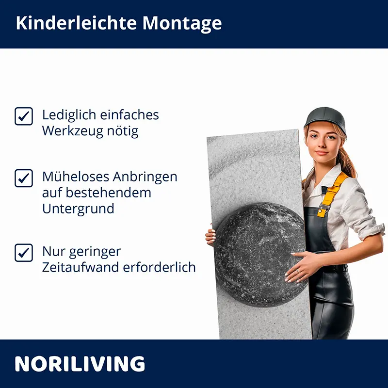 Frau mit Werkstattkleidung hält Wandpaneel, Montagehinweise