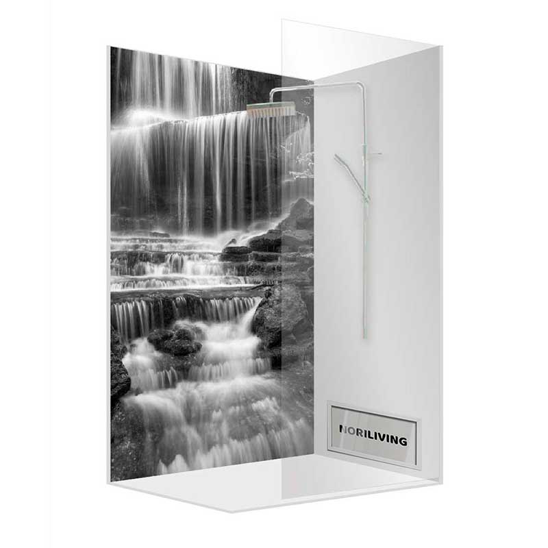 Moderne Duschrückwand mit spektakulärem Wasserfall-Design in Schwarz-Weiß