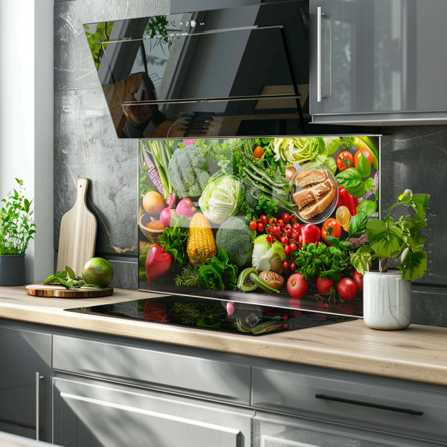 Moderne Küche mit Spritzschutz aus frischem Gemüse Helle Küche mit einem Spritzschutz, der mit einer lebendigen Anordnung von frischem Gemüse gestaltet ist.