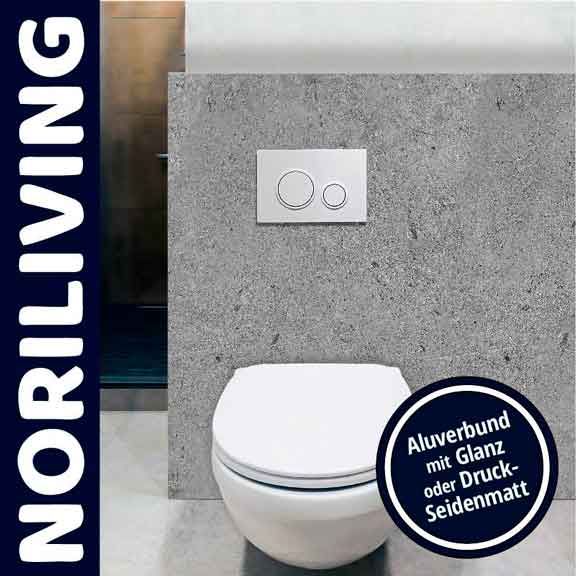 Ein Badezimmer mit einer modernen Toilette vor einer Betonrückwand, ausgestattet mit einer stilvollen, zweifachen Spültaste.
