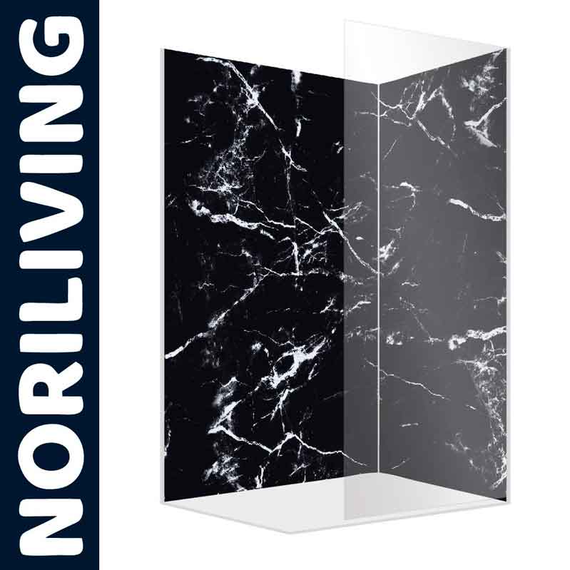 Eckige Duschwand, schwarz-weißes Marmormuster, Marke Noriliving