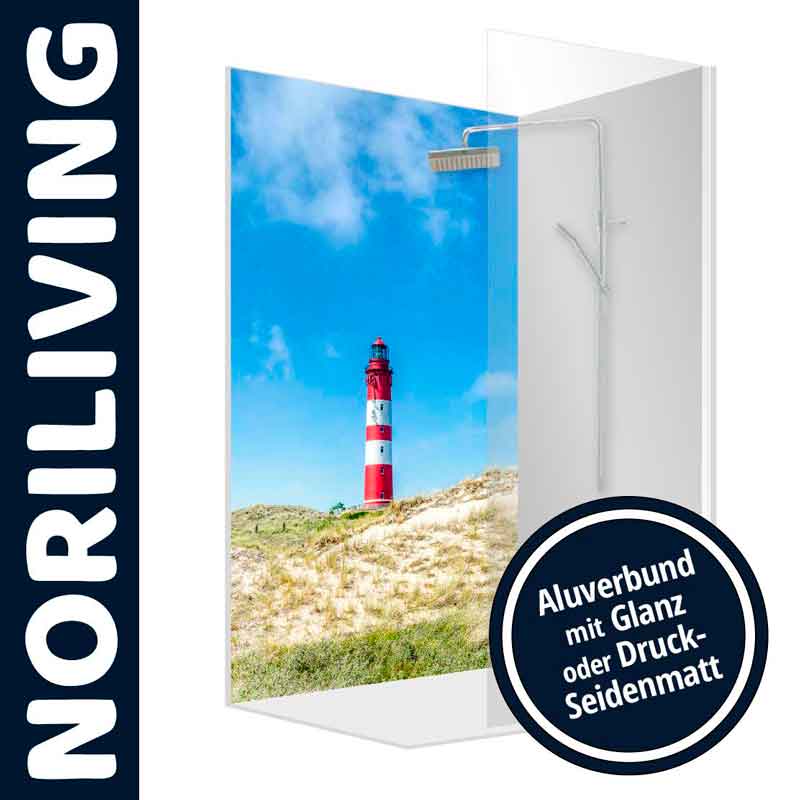Duschwand von Noriliving mit rotem Leuchtturm-Motiv. Erhältlich in Glanz oder Druck-Seidenmatt auf Aluverbund.