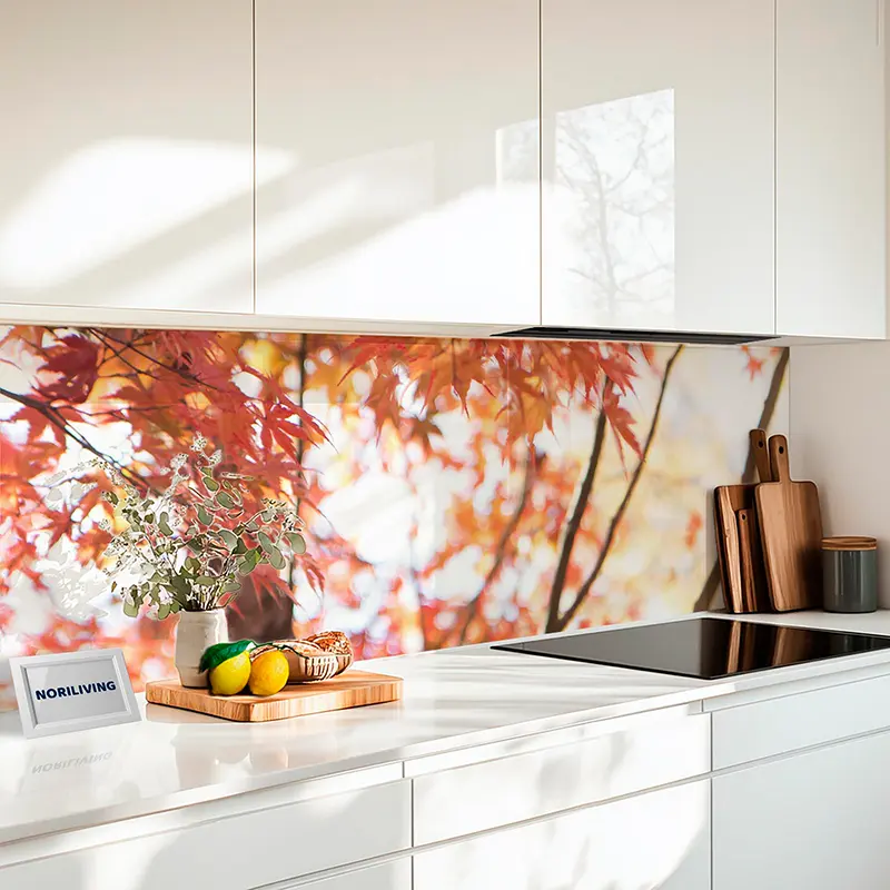 Fliesenspiegel Alu Herbstliche rote Ahornblätter mit Holzbrett 555