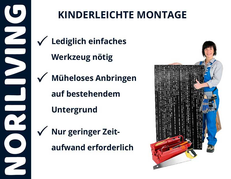 Person in Arbeitskleidung zeigt Platte zur kinderleichten Montage mit minimalem Werkzeugeinsatz und geringem Zeitaufwand.