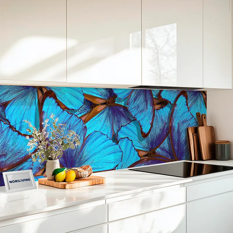 Küchenrückwand Echtglasoptik Profiline Hellblaue Tropenschmetterlinge 060