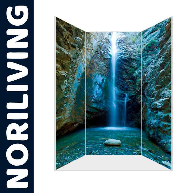 Raumteiler mit eindrucksvollem Wasserfallbild in lebhaften Blautönen, Marke Noriliving