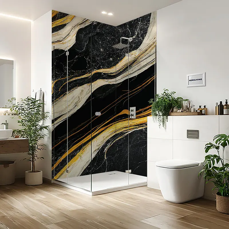 Duschrückwand Einzel | Ecke | Nische | Alu Marmor dunkelgrau und beige mit goldfarbigen Einschlüssen 069