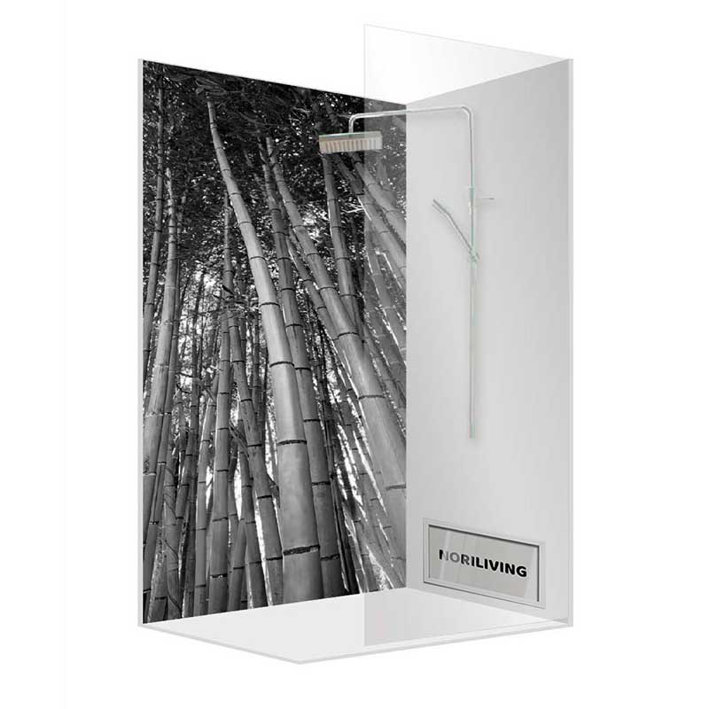 Duschabtrennung mit schwarz-weißem Bambus-Motiv und schlichter Glaswand