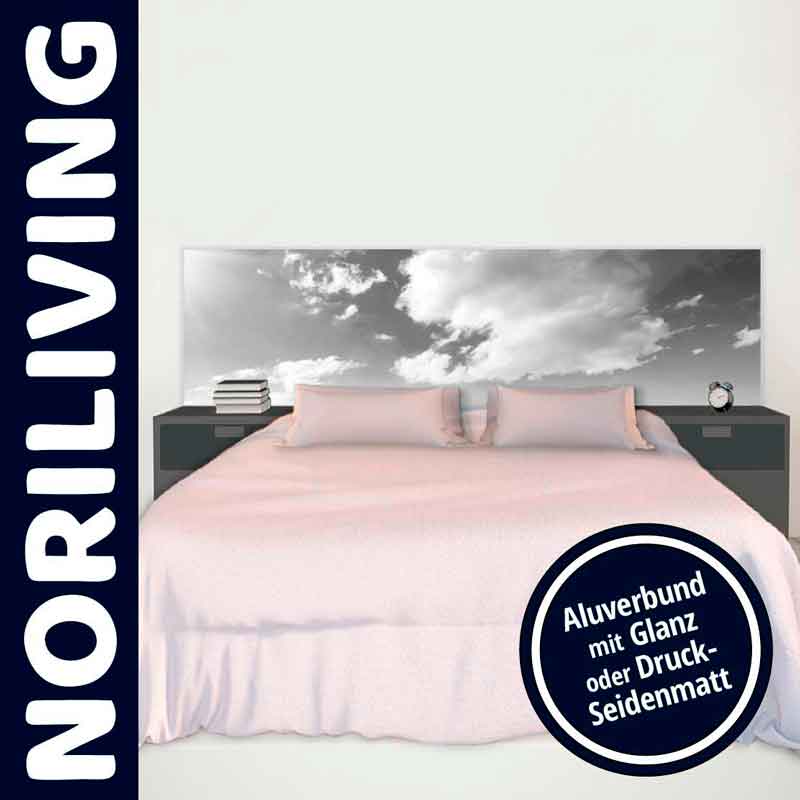 NORILIVING Bett mit Aluverbund-Kopfteil in Glanz oder Druck-Seidenmatt Schlafzimmer mit modernem NORILIVING Bett und stilvollem Aluverbund-Kopfteil mit Wolkenmotiv