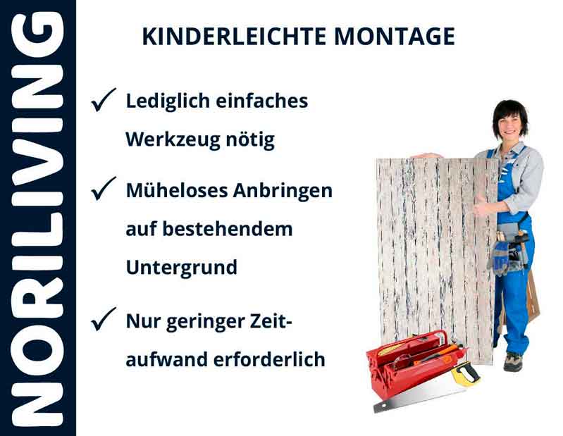 NORILIVING - Kinderleichte Montage mit minimalem Aufwand Mann zeigt einfache Montageanleitung für NORILIVING mit minimalem Werkzeugeinsatz