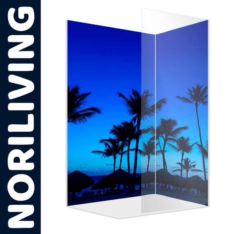 Dekorative Duschwand mit tropischem Palmenmotiv bei Sonnenuntergang Duschwand mit aufgedrucktem Bild von Palmen und blauem Himmel im Sonnenuntergang, Marke Noriliving