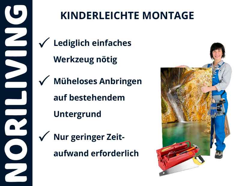 Frau zeigt einfache Montagemöglichkeiten mit wenigen Werkzeugen auf Leinwand.