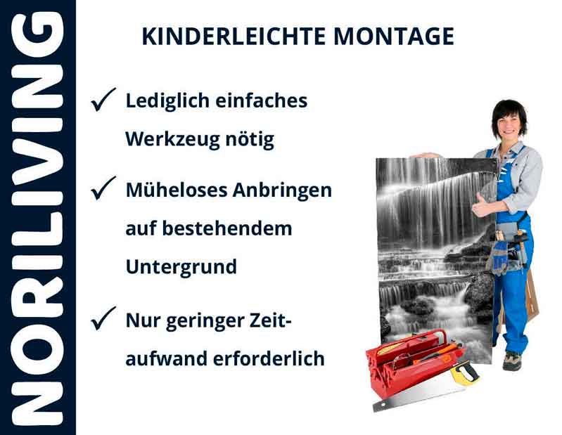 Eine Person zeigt ein Bild mit der Aufschrift 'Kinderleichte Montage' und Werkzeug, neben Vorteilen der einfachen Installation von Noriliving.