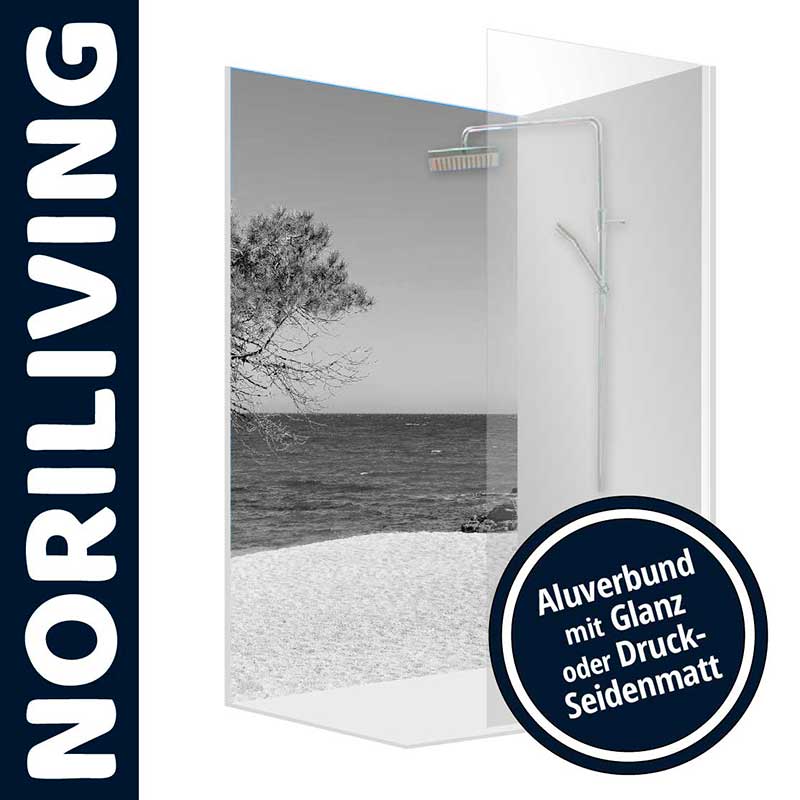 Duschwand mit Strand- und Meermotiv, hergestellt von NORILIVING, verfügbar in Aluverbund mit Glanz oder Seidenmatt-Druck