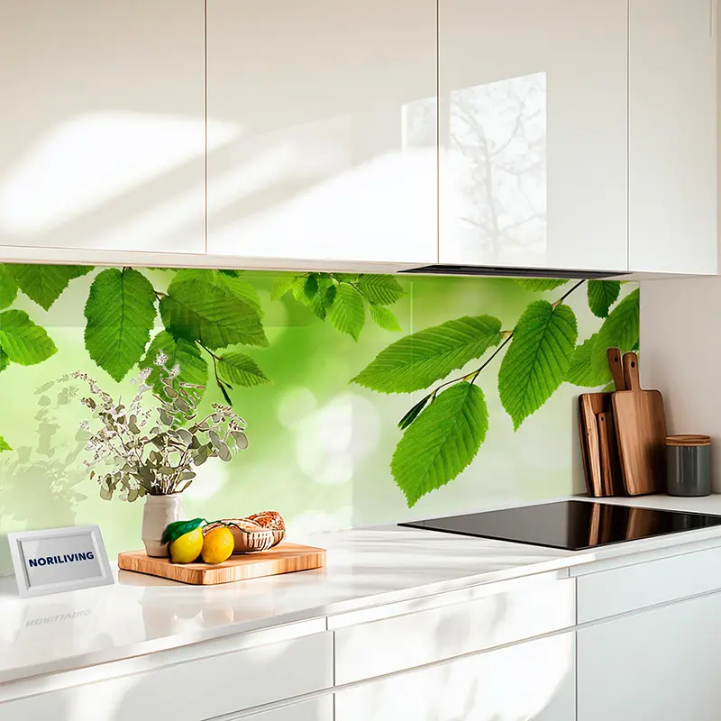 Küchenrückwand Alu Grüne Blätter und unscharfe Glanzlichter 689