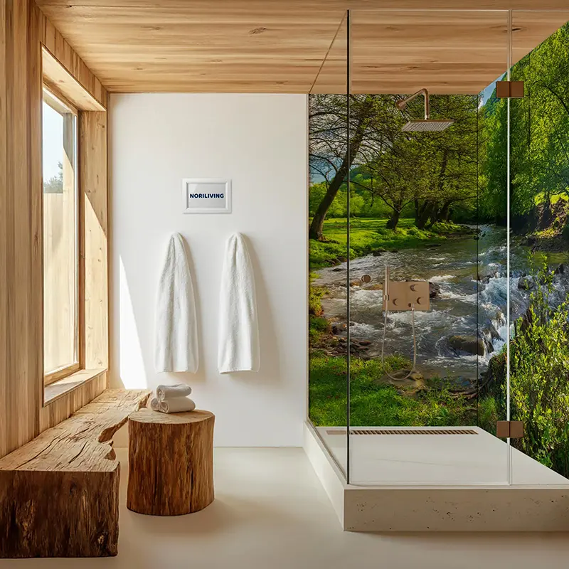 Modernes Bad mit Holzbank und Natur-Flussdusche