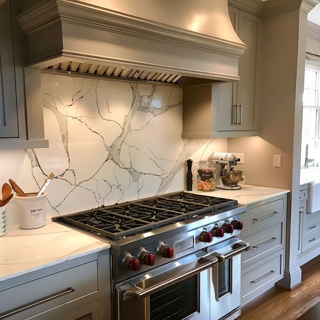 Moderne Einbauküche mit hochwertigem Gasherd und Marmor-Rückwand Elegante moderne Küche mit einem großen Gasherd und einer stilvollen Marmor-Rückwand, umgeben von hellen Schränken.