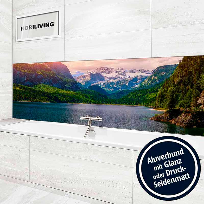 Moderne Badezimmergestaltung mit Bergsee-Wandverkleidung Badezimmer mit Aluverbund-Wandverkleidung im Bergsee-Design, glänzend oder seidigmatt.