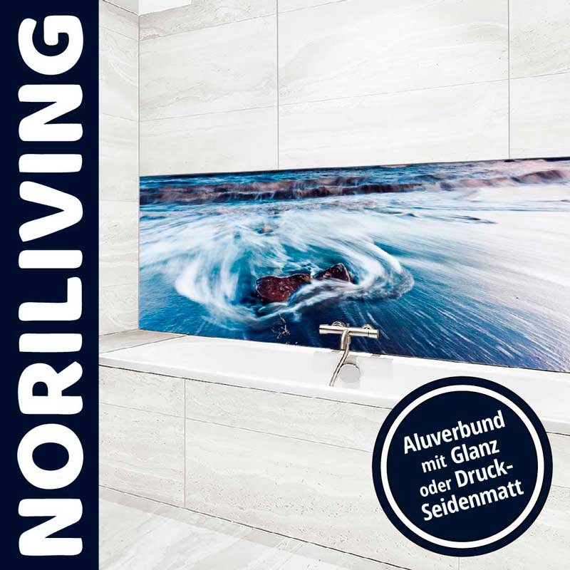 Moderne Badezimmer-Verkleidung mit Wasserfallbild - NORILIVING Badezimmer mit moderner Verkleidung und Wasserfallmotiv von NORILIVING, Aluverbund in Glanz oder Druck-Seidenmatt.