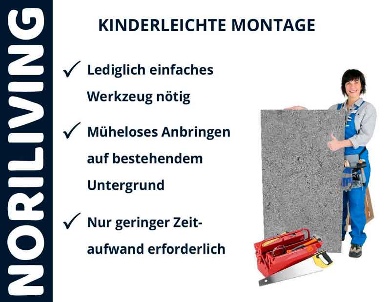 Person in Arbeitskleidung zeigt Platte. Text: Kinderleichte Montage, lediglich einfaches Werkzeug nötig, müheloses Anbringen, geringer Zeitaufwand
