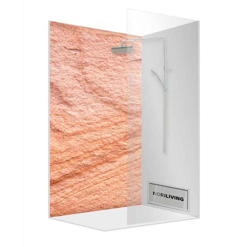 Eckdusche mit Natursteinoptik und moderner Duscharmatur Eckdusche mit einer Wand in Natursteinoptik und einer modernen Duscharmatur