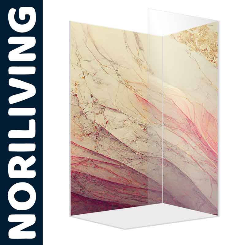 Duschwand im Marmor-Stil von NORILIVING, zeigt ein kunstvolles Design in Rosa- und Beigetönen.