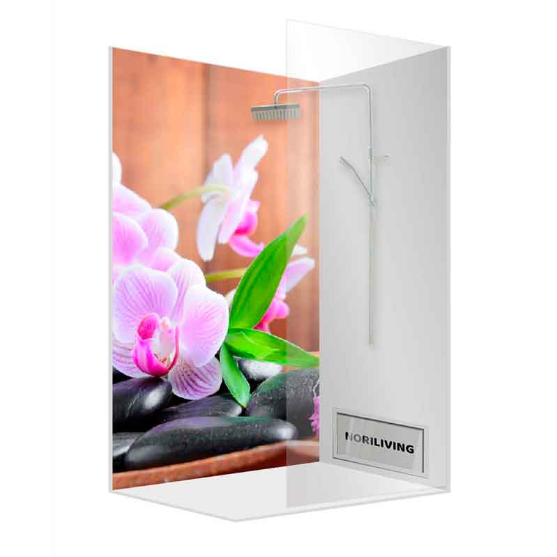 Duschwand mit Orchideenmotiv und eleganter Regendusche in modernem Design