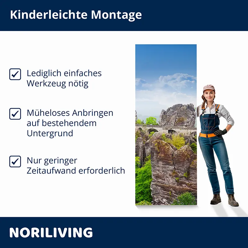 Wandbild mit Felslandschaft und Monteurin