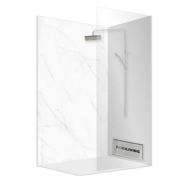 Minimalistische Duschkabine mit transparenten Wänden und moderner Regenduschkopf in Marmoroptik