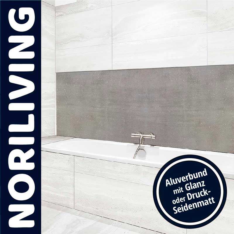 Badezimmer mit moderner Aluverbundverkleidung in Glanz oder Seidenmatt, Marke Noriliving