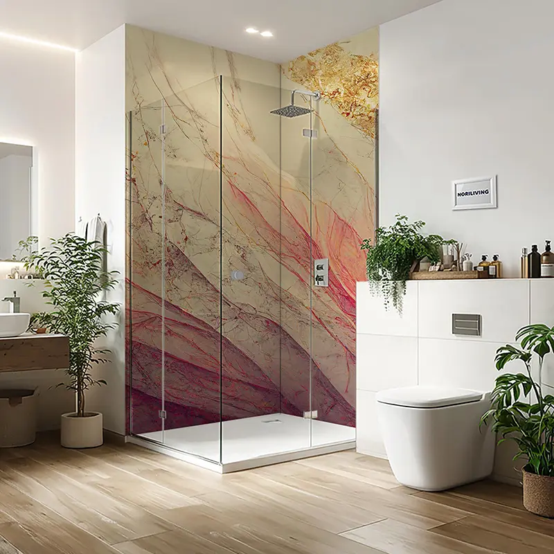 Duschrückwand Einzel | Ecke | Nische | Alu Marmor beige-rosé mit goldfarbigen Einschlüssen 079