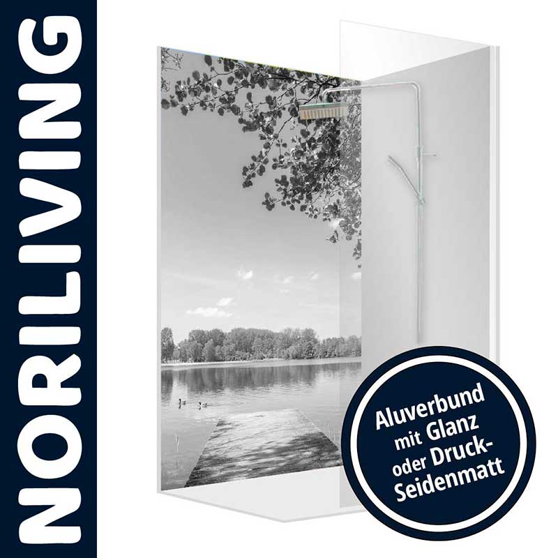 Duschrückwand aus Aluverbund mit Naturmotiv, erhältlich in Glanz oder Druck-Seidenmatt Moderne Duschrückwand mit Landschaftsmotiv auf Aluverbund, zur Auswahl in glänzender oder mattierter Ausführung