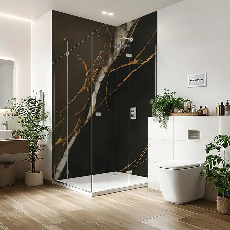 Duschrückwand Einzel | Ecke | Nische | Alu Marmor moosgrün und zeltgrau mit goldfarbigen Einschlüssen 072