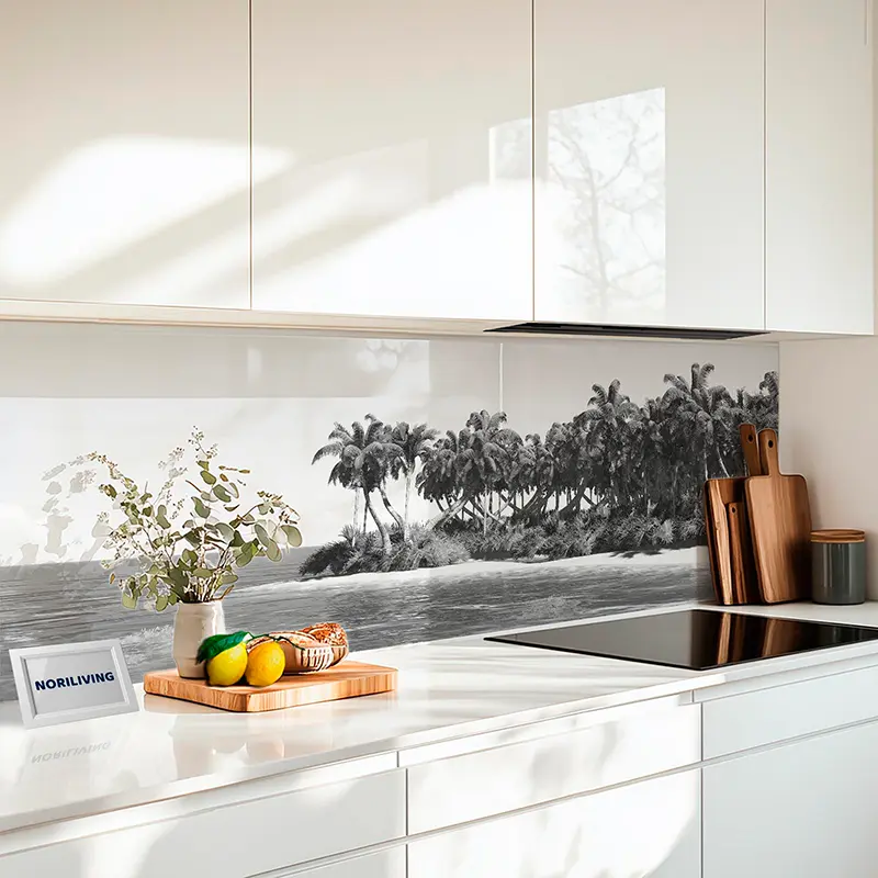 Küchenrückwand Echtglasoptik Profiline Tropeninsel mit klarem Himmel 042 schwarz-weiß