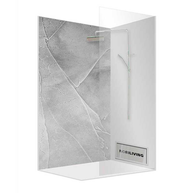 Eckduschkabine mit grauem Wandmotiv und minimalistischem Duschkopf