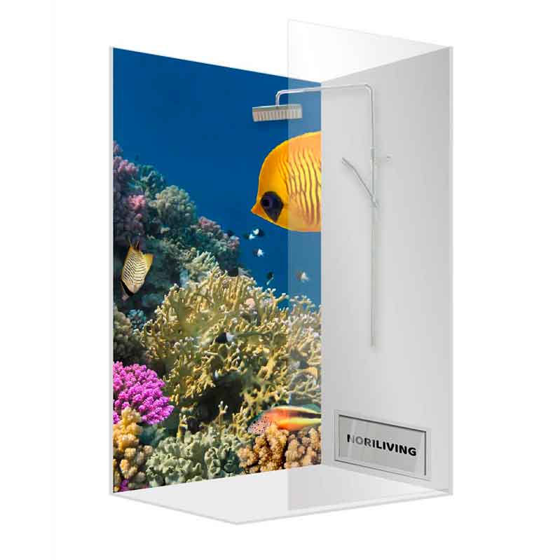 Duschkabine mit Unterwasser-Motiv Moderne Duschkabine mit farbenfrohem Korallenriff und Fischen als Motiv