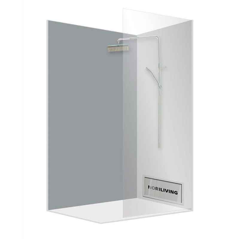 Freistehende Duschkabine mit grauer und transparenter Glaswand, ausgestattet mit einem modernen Duschkopf und strukturiertem Abtropfsystem