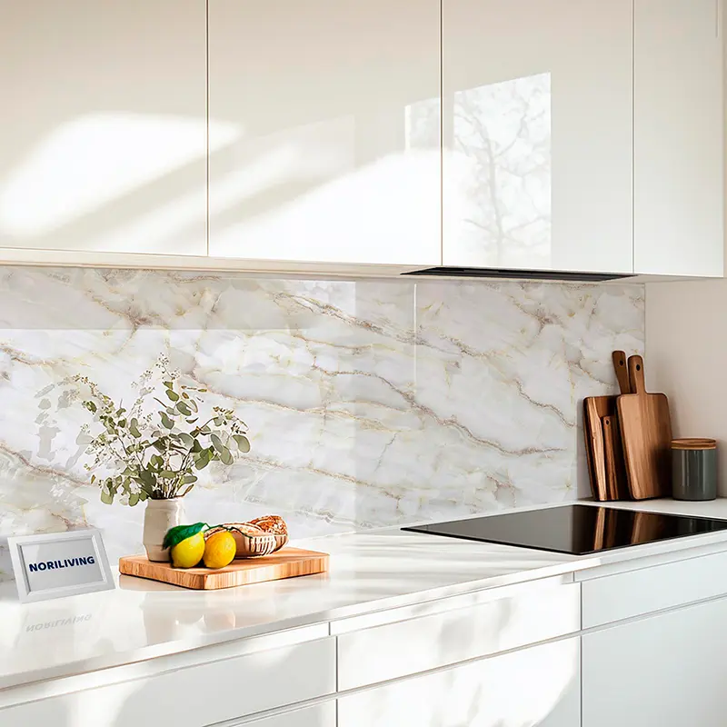 Küchenrückwand Alu Marmor weiß + hellgrau mit cremefarbigen Einschlüssen 019