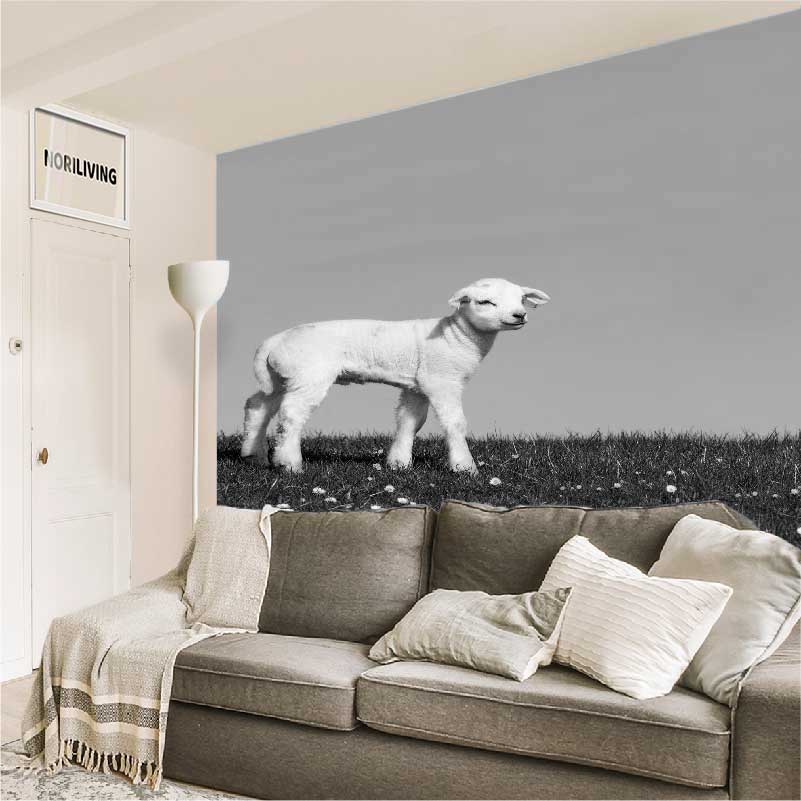 Wandtattoo mit Lamm-Motiv im Wohnzimmer Schwarz-weiß Wandtattoo eines Lamms auf einer Wiese, hinter einem Sofa im Wohnzimmer
