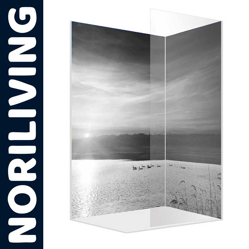 Duschwand von NORILIVING mit elegantem Landschaftsmotiv und Schwänen auf einem See