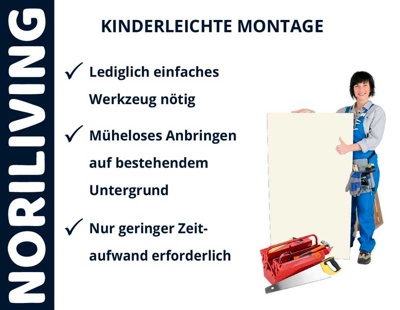 NORILIVING Display mit kinderleichter Montageanleitung und Handwerkerin