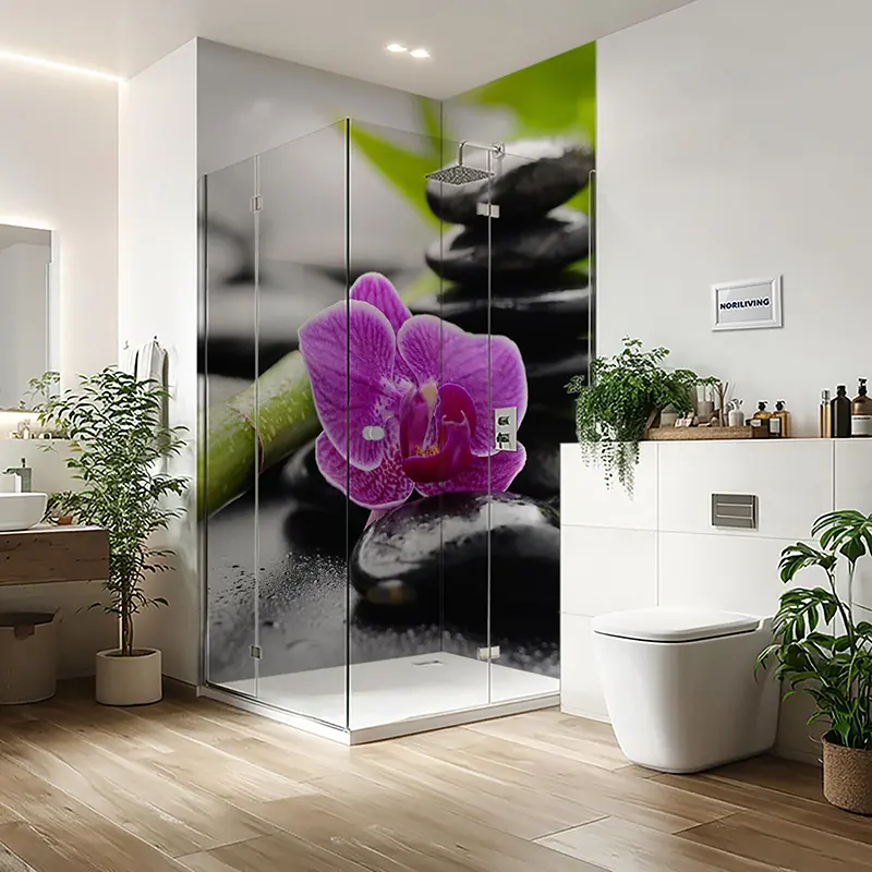 Duschrückwand Einzel | Ecke | Alu Zen Steine mit Orchidee 553