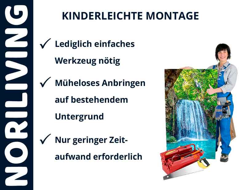 Person mit Werkzeuggürtel und Bild eines Wasserfalls, daneben Text: ‚Kinderleichte Montage - Lediglich einfaches Werkzeug nötig - Müheloses Anbringen auf bestehendem Untergrund - Nur geringer Zeitaufwand erforderlich‘