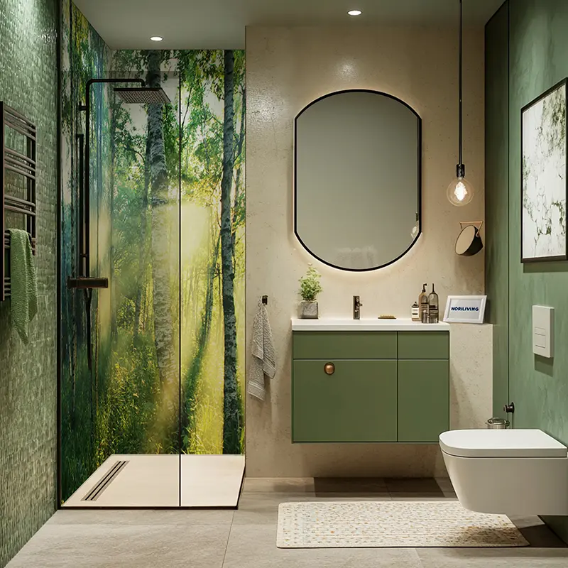 Grünes Bad mit Hängewaschtisch, runder Spiegel, Waldglas